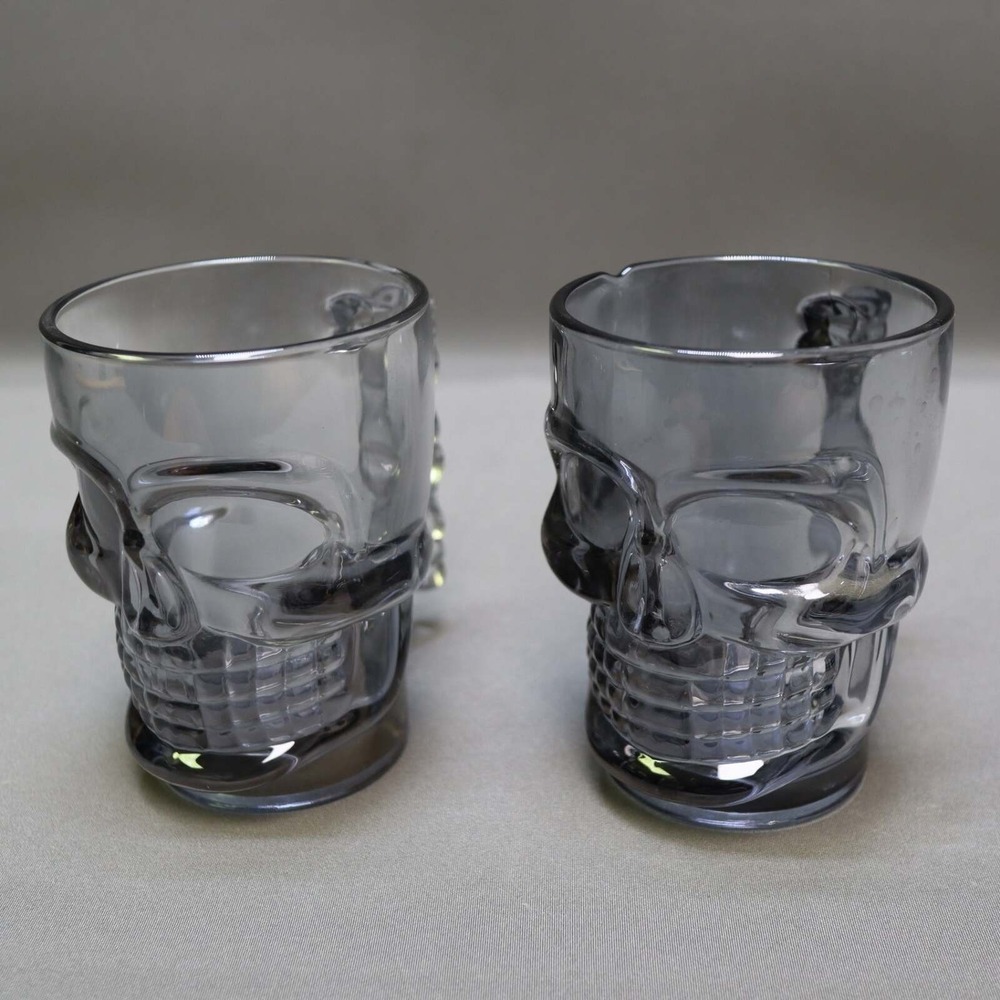 Set of 2 Vtg Deli Glass Skull Mugs Dark Smoked Black Tinted Beer Stein Barware